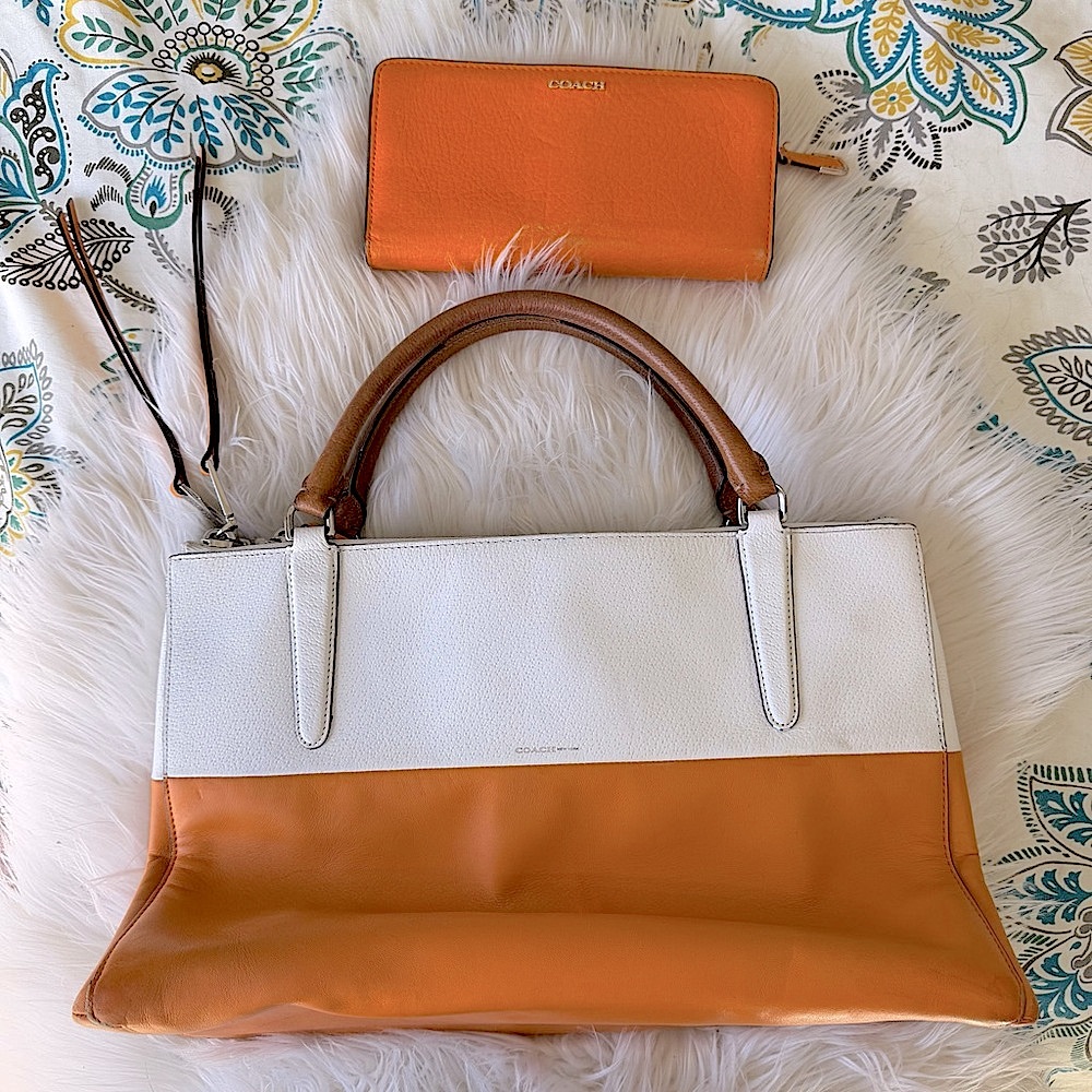 Coach The Borough Color block Orange & White Tote & Wallet EUC